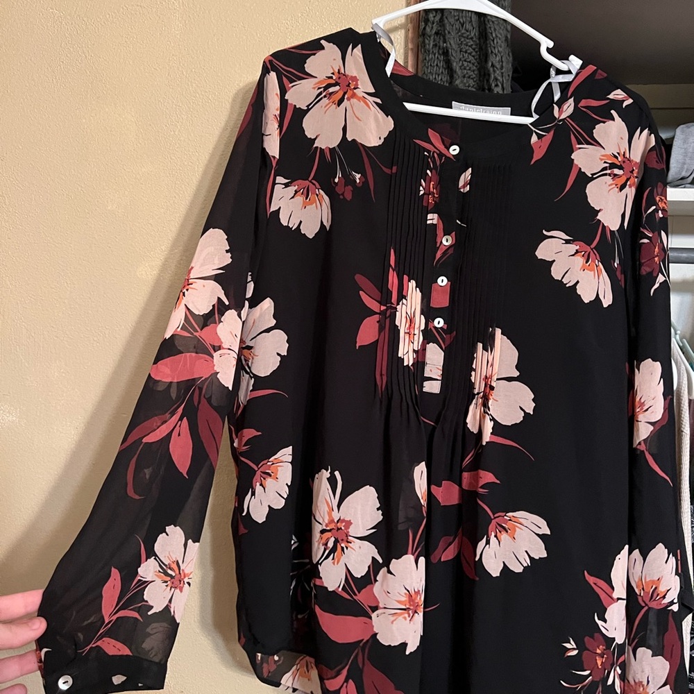 Daniel Rainn Black and Pink Floral Blouse